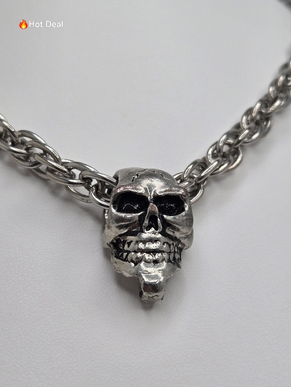 Gothic Skull Pendant Necklace Heavy Silver Tone Chain Punk Biker 29" - Picture 1 of 8